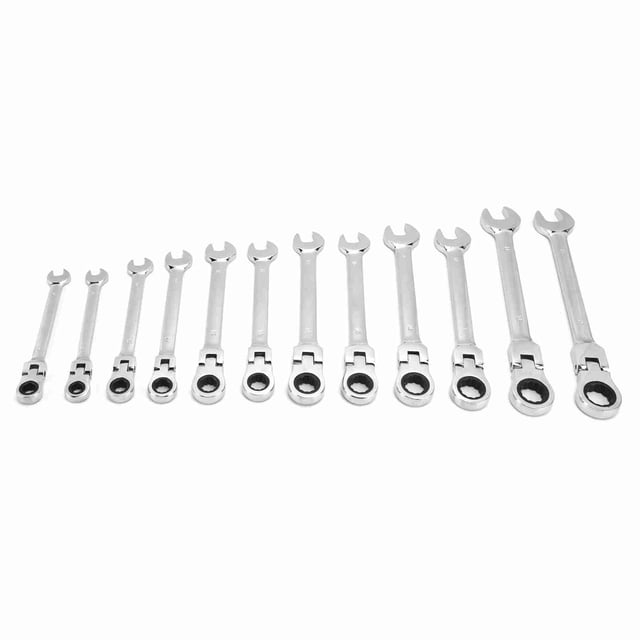 Juego de 12 llaves de trinquete combinadas métricas de acero al cromo-vanadio de 8 a 19 mm con bolsa de almacenamiento y cabezal móvil.