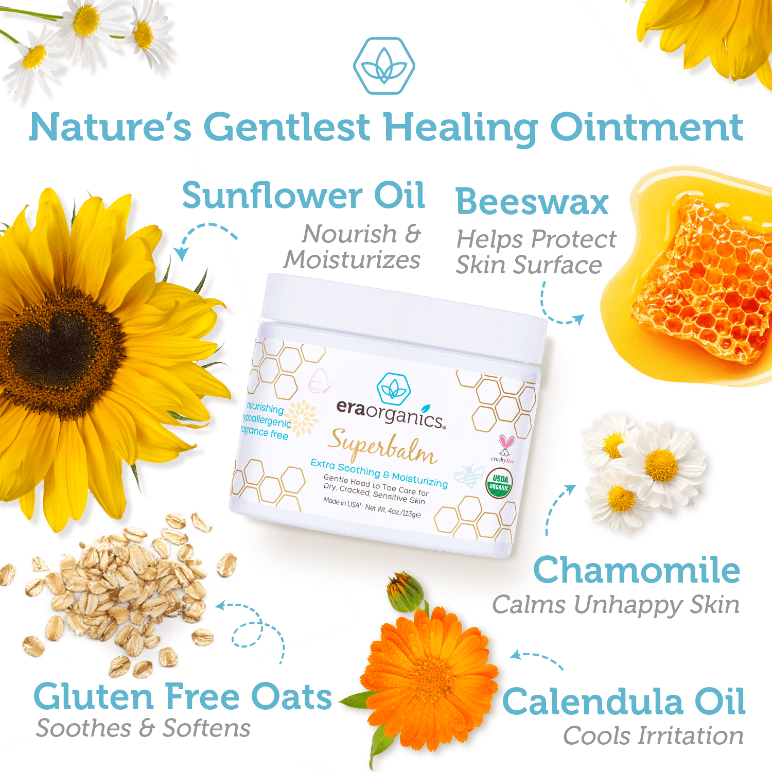 Era Organics Healing Ointment for Babies - USDA Certified Organic Natural Gentle Moisturizer for Sensitive Skin Prone To Baby Eczema, Cradle Cap, Rashes, Hives & More Super Balm 4 Ounce