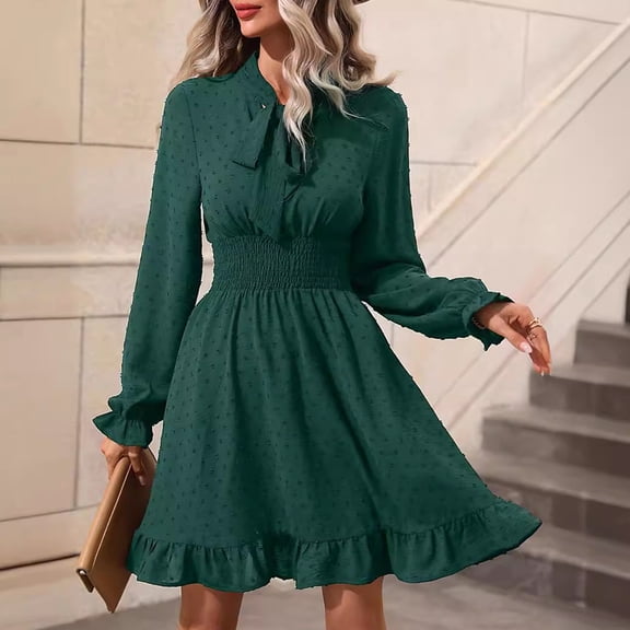 QUINDOS Womens Dresses Long Sleeve Sundress Crew Neck Casual Sun Dresses Summer Ruffled Slim Solid Color Mid Length Mini Womens Dresses