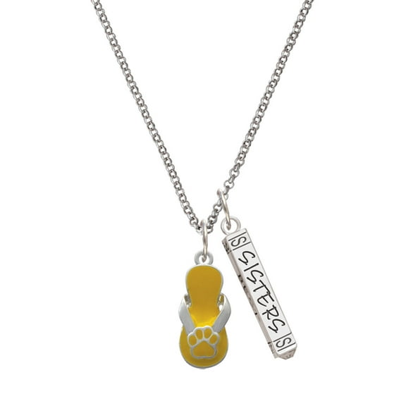 Delight Jewelry Silvertone Yellow Paw Flip Flop Silvertone Sisters Best Friends Forever Bar Charm Necklace, 23"