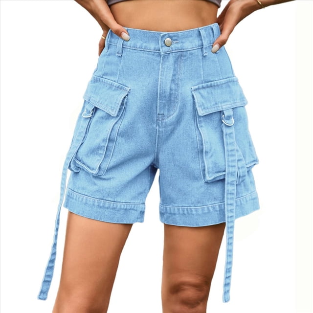 Shorts Vaqueros Cargo para Mujer - Shorts Casuales de Verano Vintage con Botones y Cremallera Azul Añadido XL