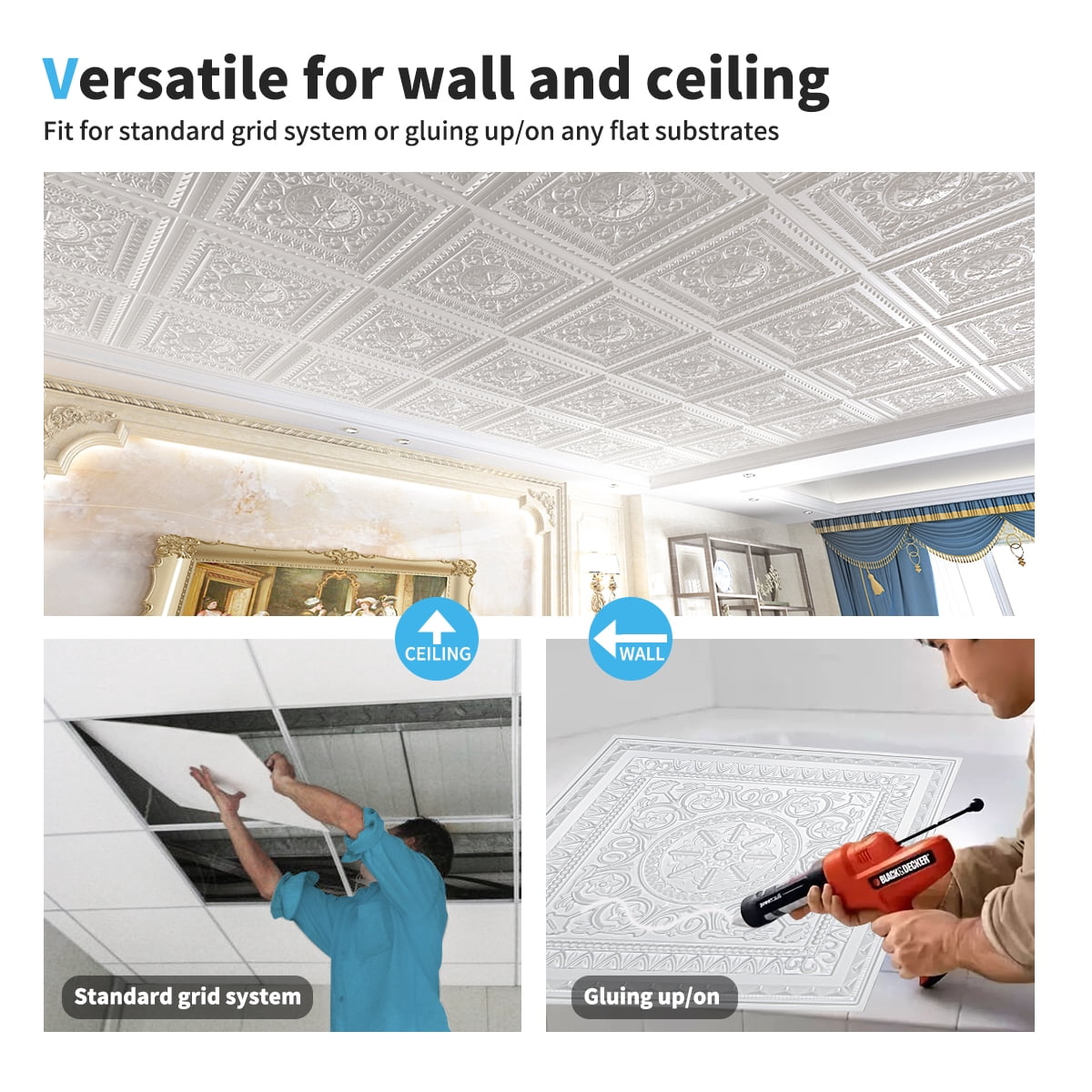 Art3d 2 ft.x 2 ft.Glue-up or Lay in Ceiling Tile PVC 3D Victorian Pattern Style in White(12-Pack)