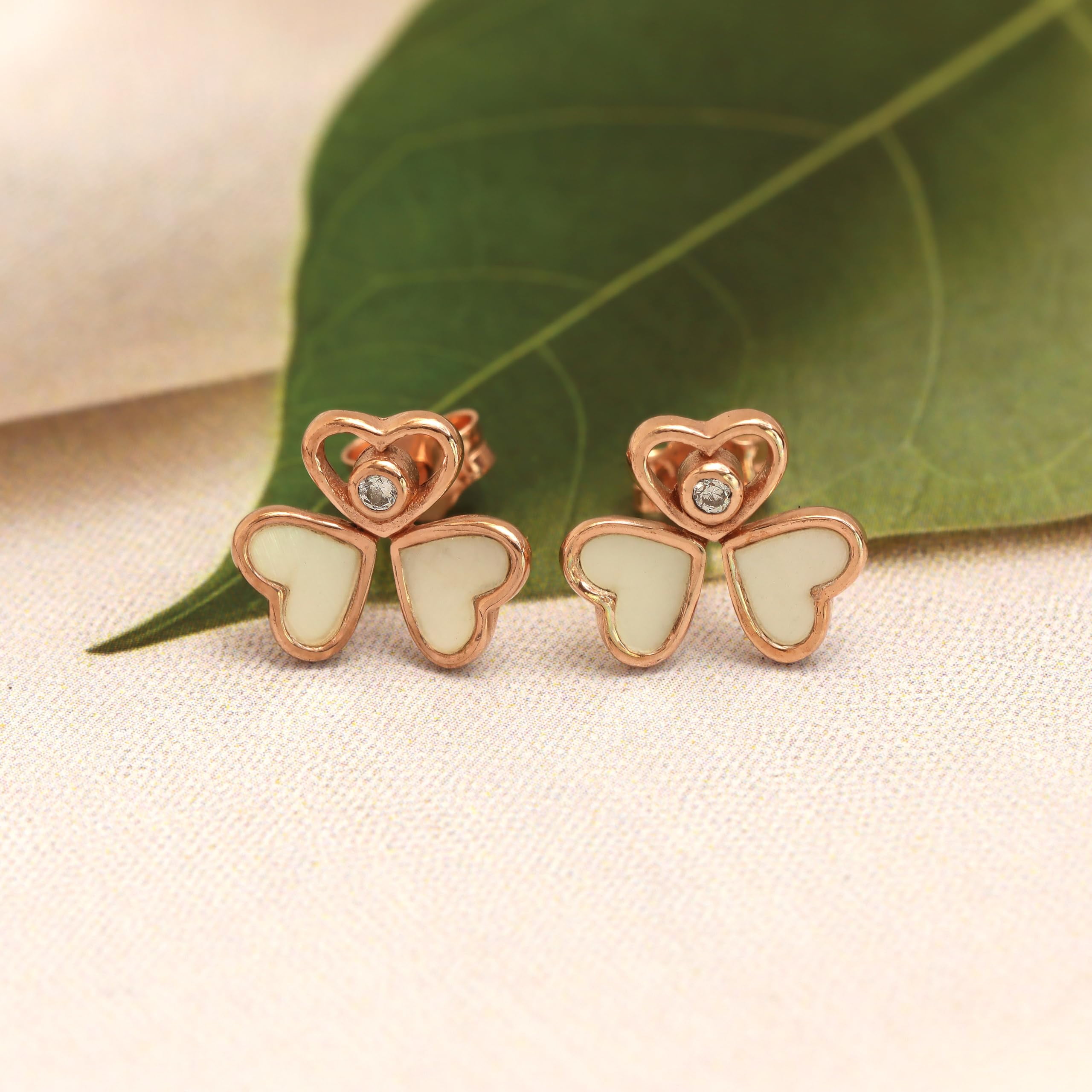 LeCalla 925 Sterling Silver Rose Gold-Plated Mother of Pearl Happy Hearts Wings Stud Earrings for Women and Teen 10MM