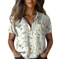 thumbnail image 2 of Bovemsi Women Cotton Shirt Printed Fashion Down Shirts Casual Tops Short Sleeve Blouse, White Women's Summer Shirts, M, 2 of 4