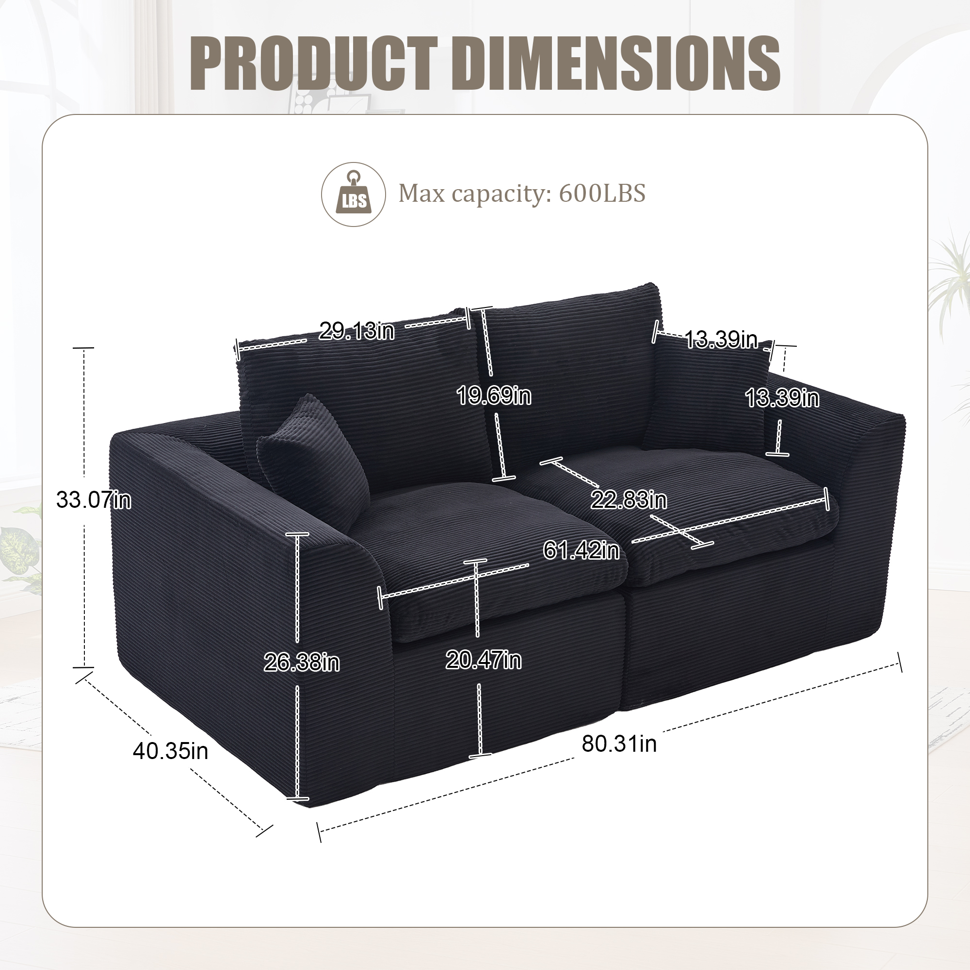 MOONMISS 80.3" Oversized Modular Sofa, Upholstered Corduroy 2 Seat Deep Seat Cloud Couch for Living Room Bedroom, No Assembly Required,Black