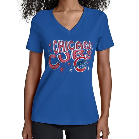 Women's Starter Royal Chicago Cubs Fireworks Team Name V-Neck T-Shirt