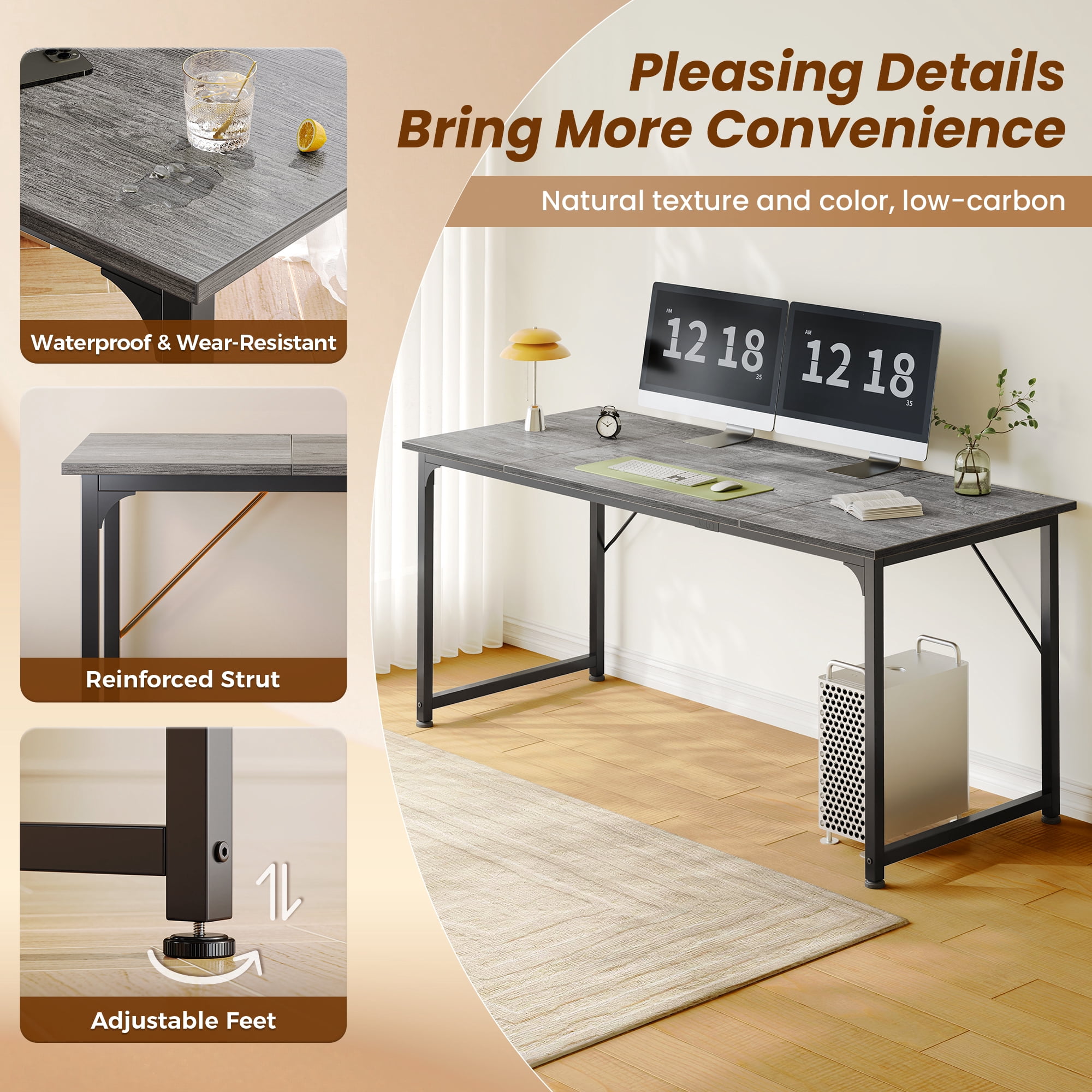 63" Computer Desk, Modern Office, Study & Gaming Desk with Storage, Large Legroom, Sturdy Metal Frame