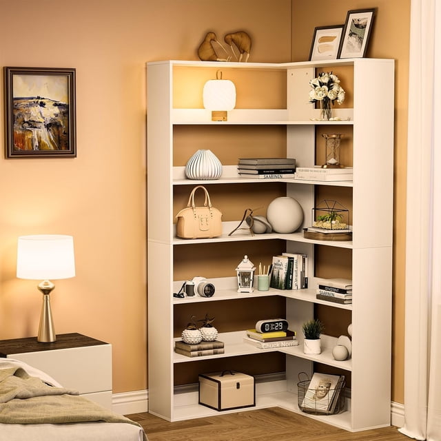 Ourlova L-Shaped Bookcase, PB Wood Corner Bookshelf, White