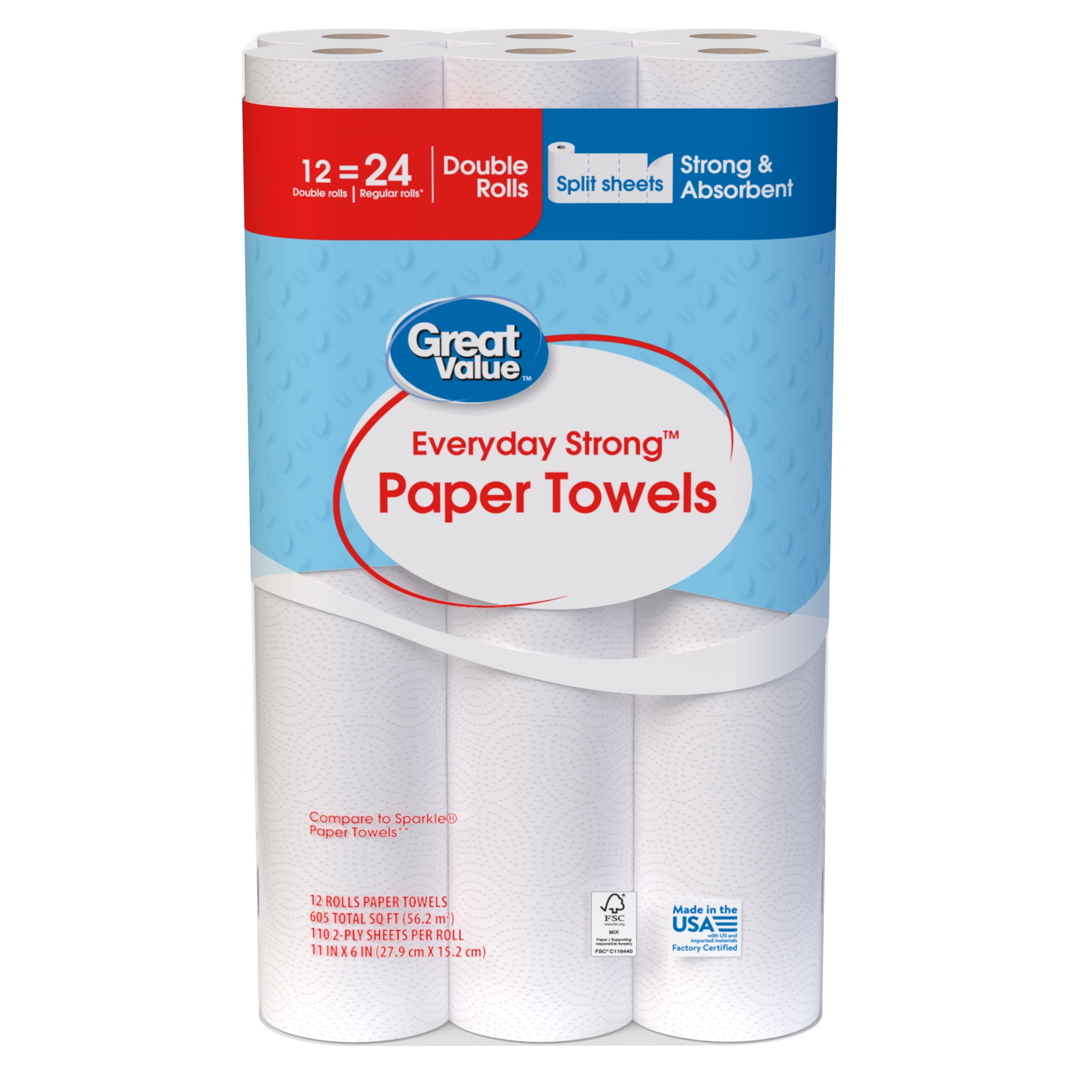 Great Value Everyday Strong Paper Towels, 12 Double Rolls