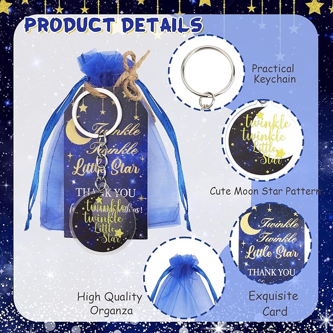 Serencatcher Twinkle Twinkle Little Star Party Favors, 72pcs Over The Moon Baby Shower Decorations Navy Blue Moon Star Keychains Thank You Tags Organza Bags for He or She Gender Reveal Party
