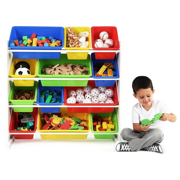 Tot Tutors Kids Toy Storage Organizer with 12 Plastic Bins White Primary Summit Collection
