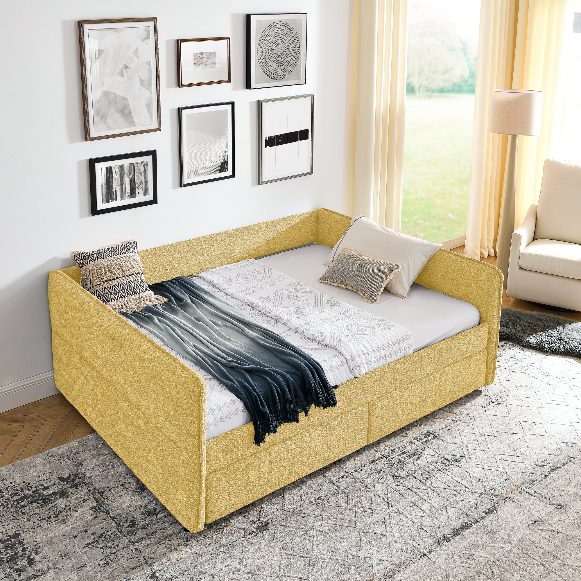 Mintazer Queen Upholstered Daybed with 2 Storage Drawers, Modern Sofa Bed for Living Room & Bedroom, Yellow
