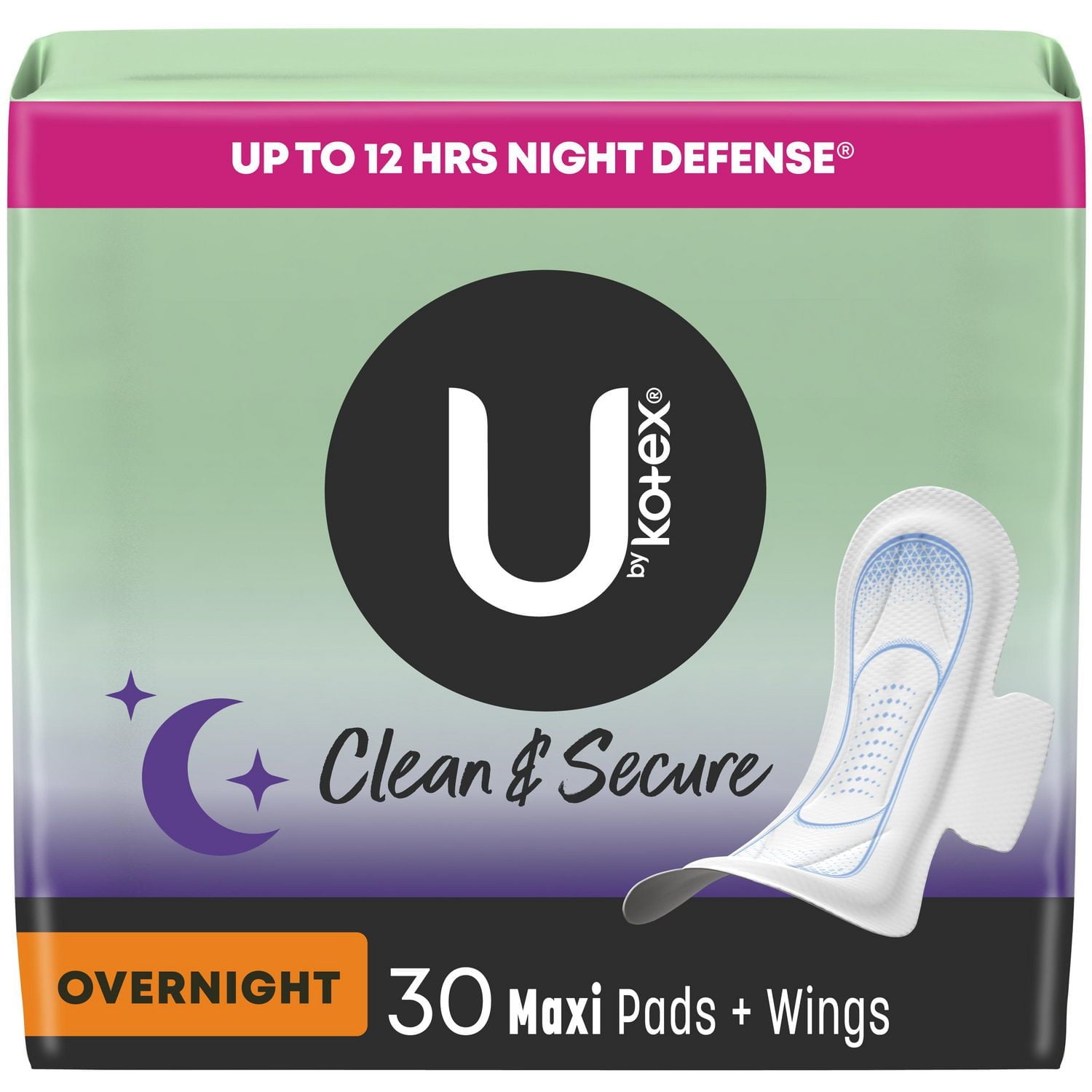 Serviettes maxi de nuit U by Kotex Clean & Secure avec ailes, 30 unités UBK PAD 30