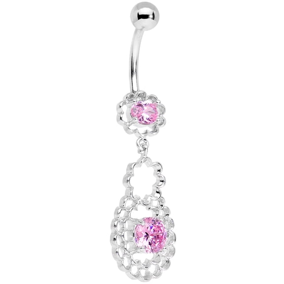 Body Candy Stainless Steel Pink Accent Quatrefoil Layered Flowing Flower Form Dangle Belly Ring