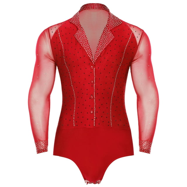 Jhaoyu Justaucorps à Manches Longues pour Homme, Latin Tango, Brillant avec Strass, Justaucorps de Danse, Col à Revers, Combinaison Rouge 3TG
