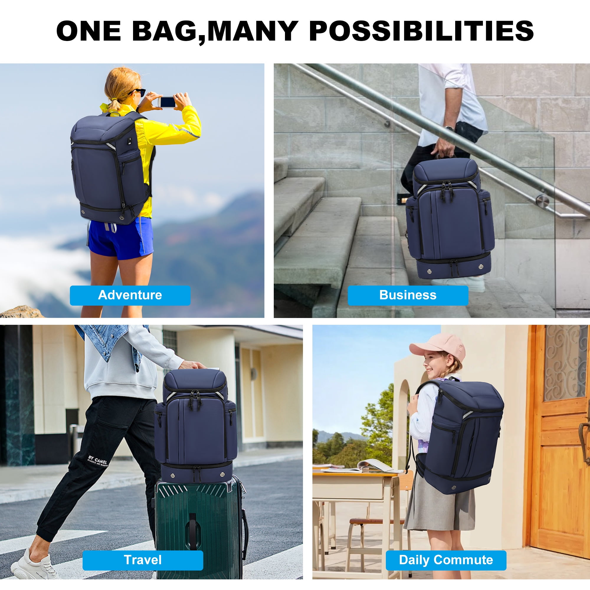 Men's Travel Backpack, Large Capacity Hiking Trekking Backpack, Business 17 Inch Laptop Backpack, Blue