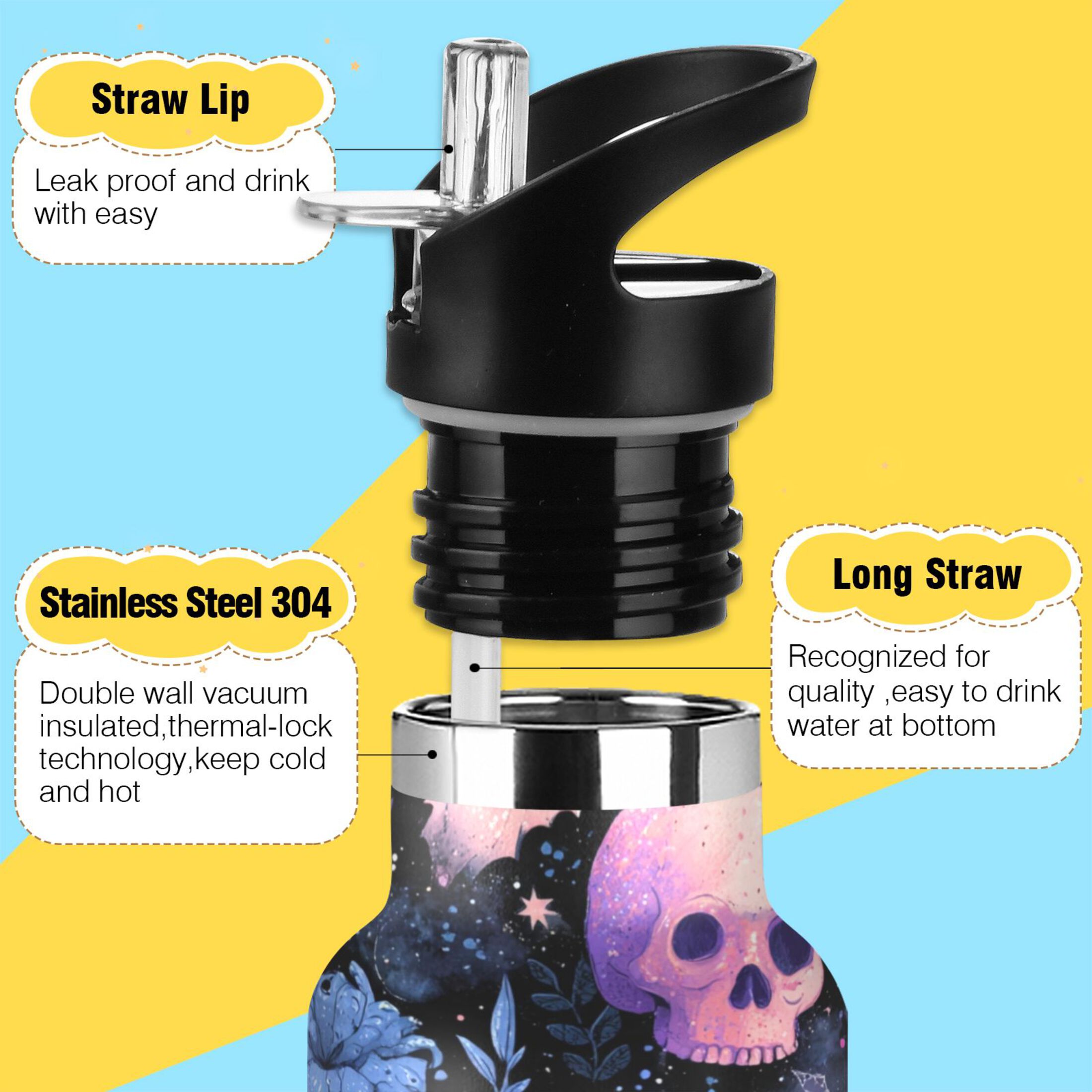 600ML Stainless Steel Insulated Cup Sports Water Bottle Portable Thermos Cup Water Glasses Insulated Tumblers Convenient and Durable Halloween Pink Skull