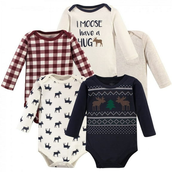Little Treasure Baby Boy Cotton Long-Sleeve Bodysuits 5pk, Moose Sweater, 0-3 Months