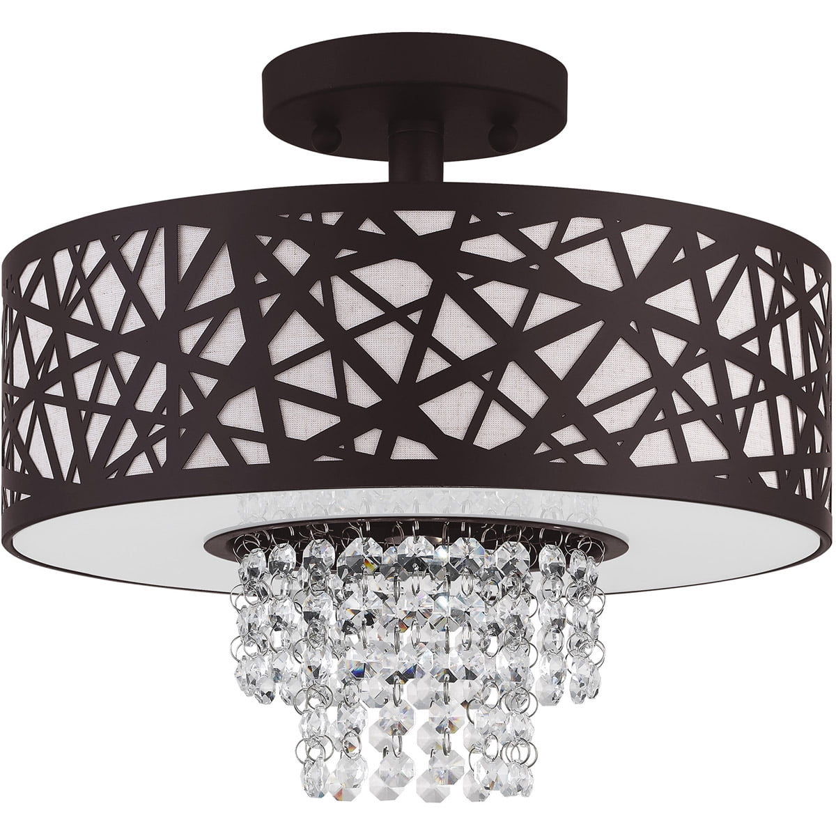 2 Light Bronze Ceiling Light fixture with Oatmeal Color Fabric Hardback Inside & Clear Crystals Shade