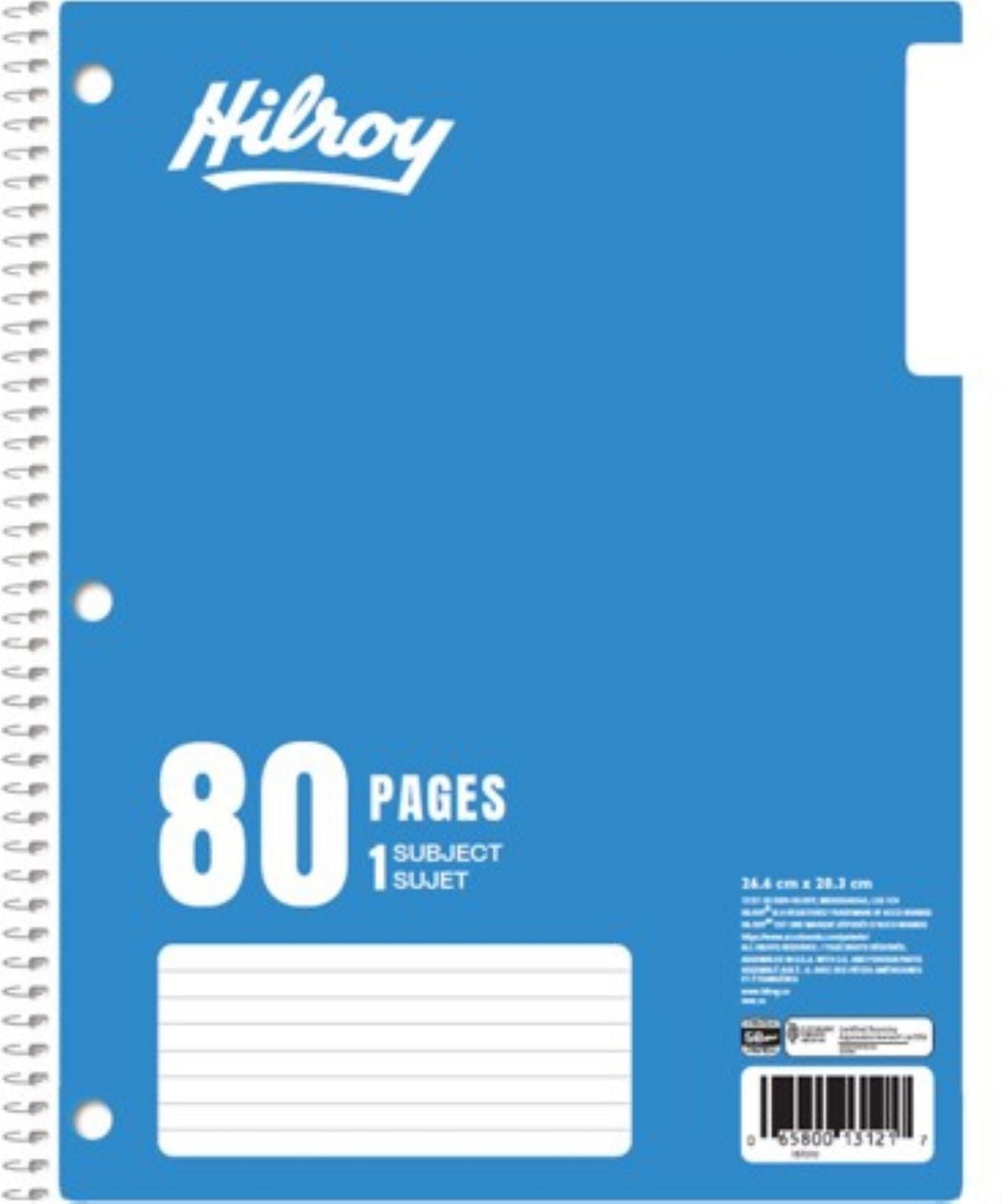 Hilroy® Coil Notebooks 3 Hole with Margin 1 Subject, 10-½ X 8, 80 Pages, 1 Subject Notebook