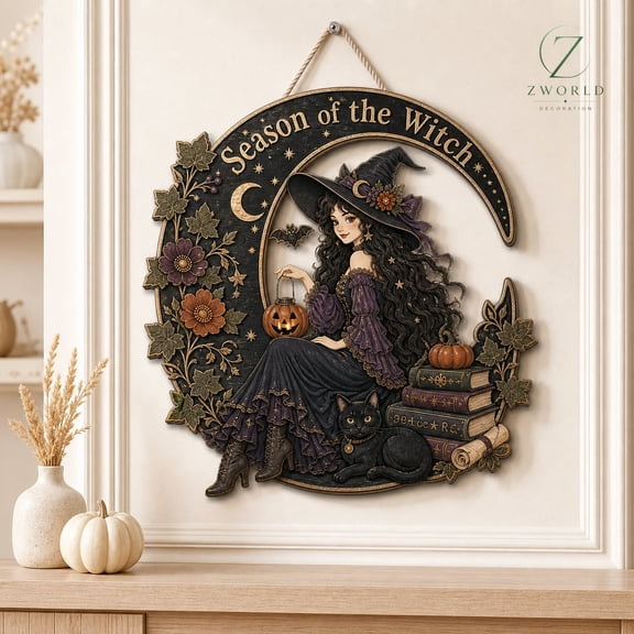 Witch Reading Wooden Sign, Halloween Moon Wall Hanger Decor
