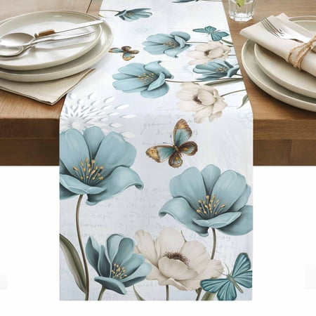 Vintage Tulip Cotton Linen Table Runner Farmhouse Watercolor White Blue Flower Butterfly Dining Table Runners for Home Decor Party Dining Room Restaurant Kitchen Party 13 x 60