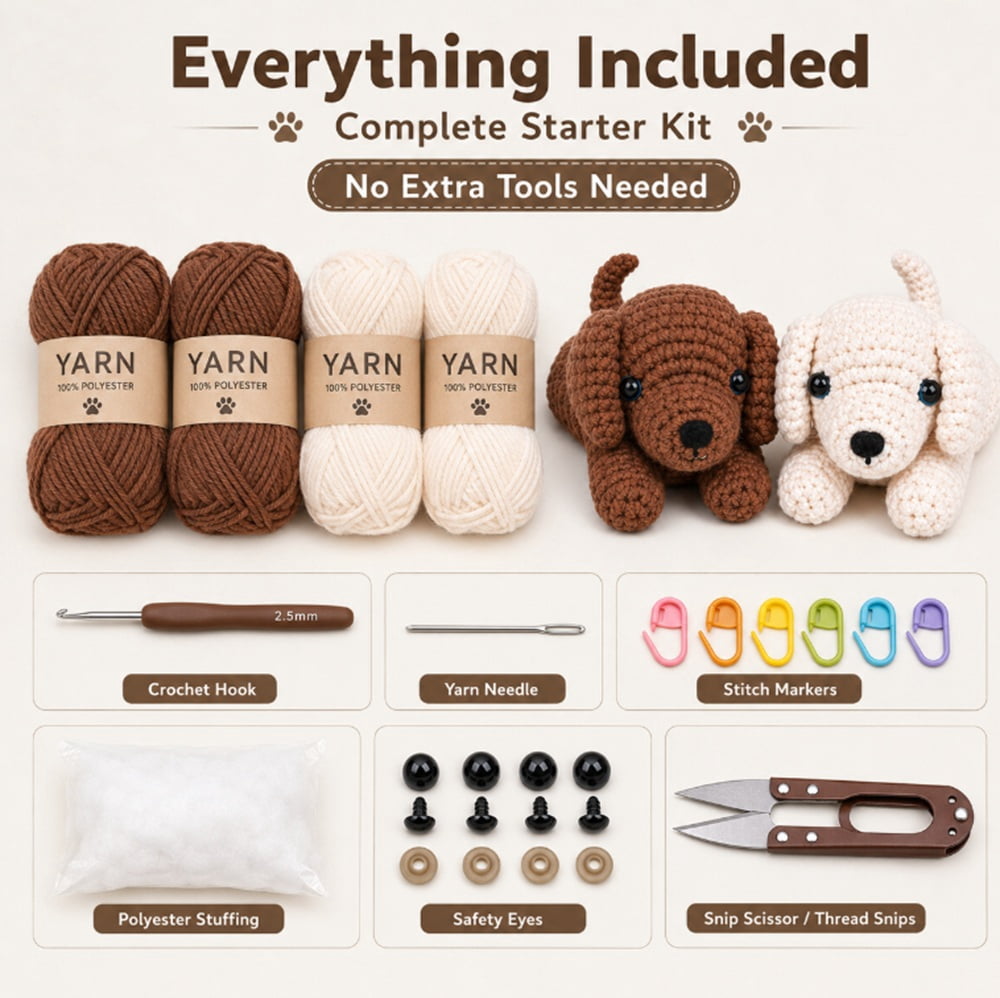 2 Pack Golden Retriever Crochet Kit for Beginners, Dog Amigurumi Starter Set with Step by Step Video Tutorial, TIKA