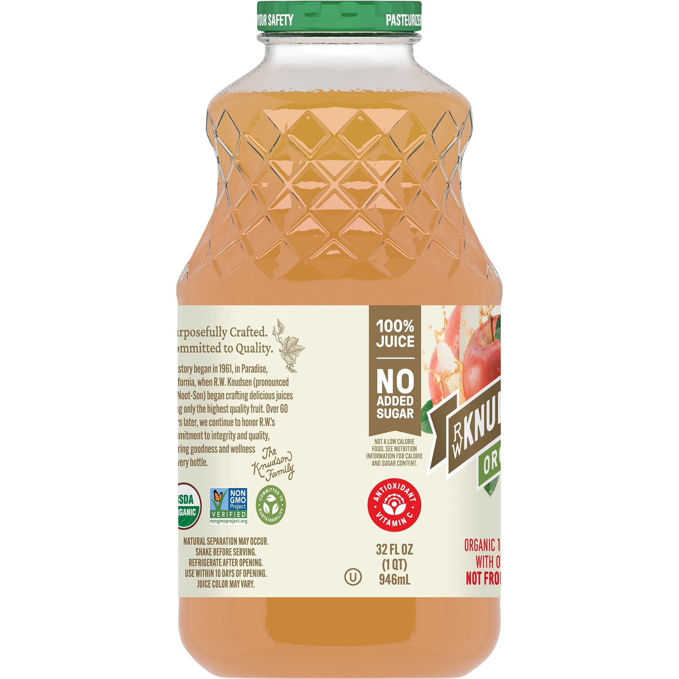 (2 pack) R.W. Knudsen Family Organic Apple Juice, 100% Juice, 32 oz, Glass Bottle, Shelf-Stable