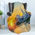 thumbnail image 4 of Wanderlust Soft Flannel Fleece Blanket, Frankfurt Sunset Architecture Landmark Skyscraper Vibrant Colors Waterfront, Cozy Plush for Indoor and Outdoor Use, 50" x 60", Marigold Blue, by Ambesonne, 4 of 5
