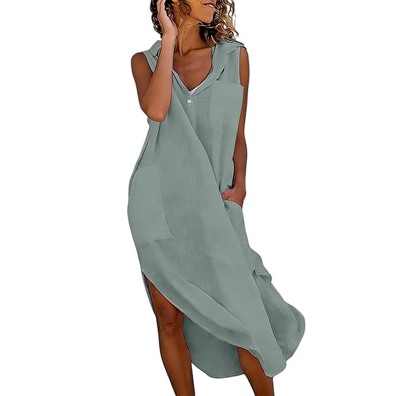 BLTIBY Womens Summer Beach Dress Linen Clothes Boho Casual Flowy Sleeveless Lapel Button Side Slit Maxi Dresses with Pocket Gray XXL