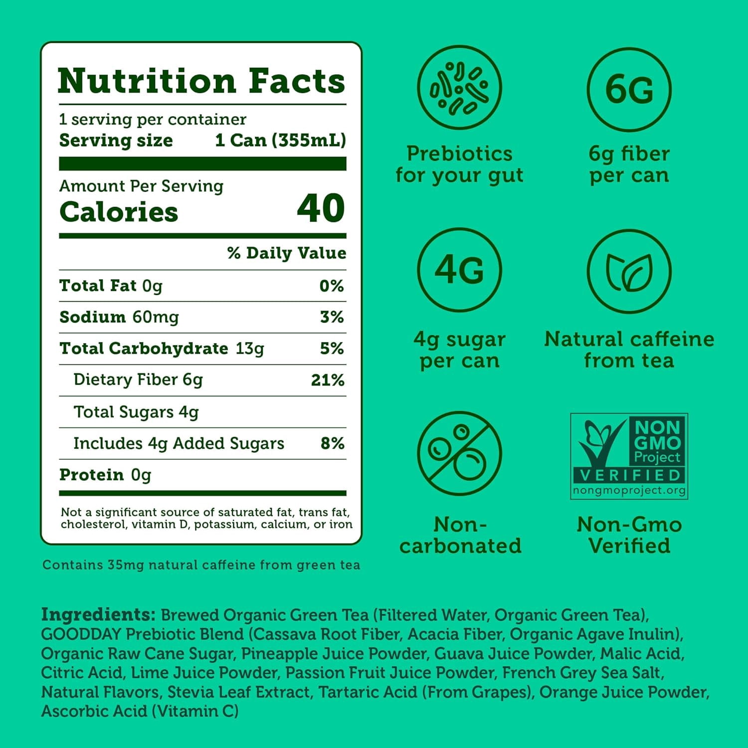 Halfday Prebiotic Tropical Iced Tea Drink, 6g Fiber, 12 fl oz Single Can