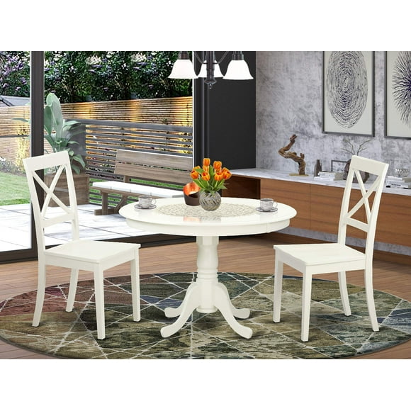East West Furniture 3-Piece Kitchen Table Set Included a Round Dining Table and 2 Wood Dining Chairs - Solid Wood Modern Dining Chairs Seat & X-back - Linen White Finish
