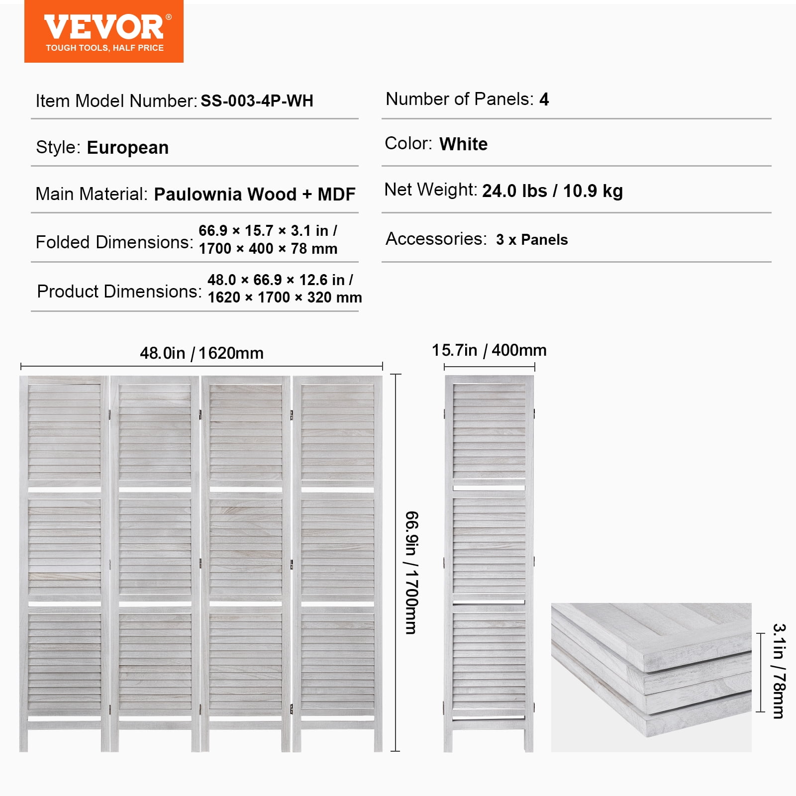 VEVOR Wood Room Divider, 4 Panel Wood Folding Privacy Screen, 66.9 Inches&nbsp;Tall Indoor Louvered Partition Divider, Portable Decoration Screen, for Room Separation,&nbsp;Home