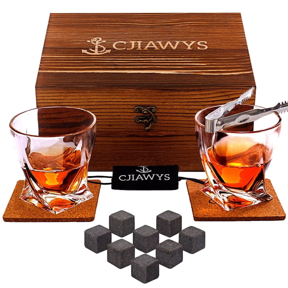 Whiskey Stones Gift Set, Christmas Birthday Gifts for Men Dad, Anniversary Gift for Him Husband Boyfriend Grandpa Brother, Unique Bourbon Scotch Whiskey Glass Set of 2 for Boss  Friends 10 Oz
