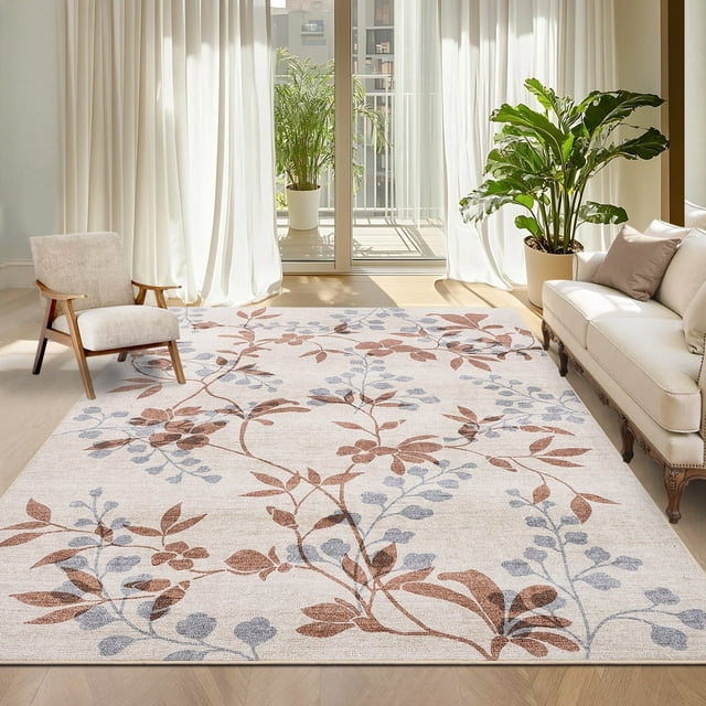 Garvee 10'x13' Modern Area Rug Washable Floral Accent Carpet with Non-Slip Backing, Stain-Resistant Soft Rugs Low Pile Floor Mats, Botanical Print Rug for Living Room, Bedroom, Dining Room, Beige