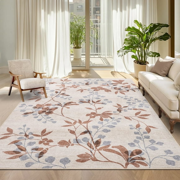 Garvee 8'x10' Modern Area Rug Washable Floral Accent Carpet with Non-Slip Backing, Stain-Resistant Soft Rugs Low Pile Floor Mats, Botanical Print Rug for Living Room, Bedroom, Dining Room, Beige