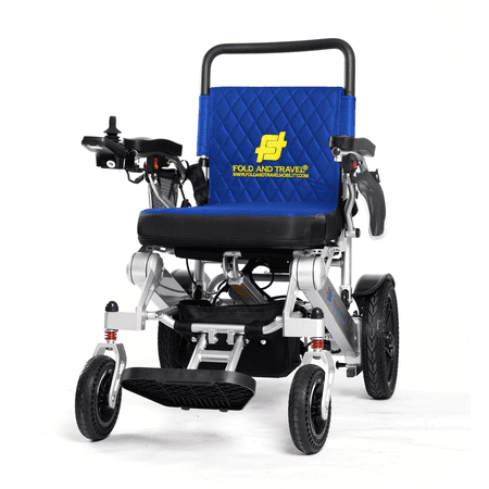 Fold And Travel Auto Fold Remote Control Lightweight Portable Electric Power Wheelchair - Blue Seat, Silver Frame with 1 Battery