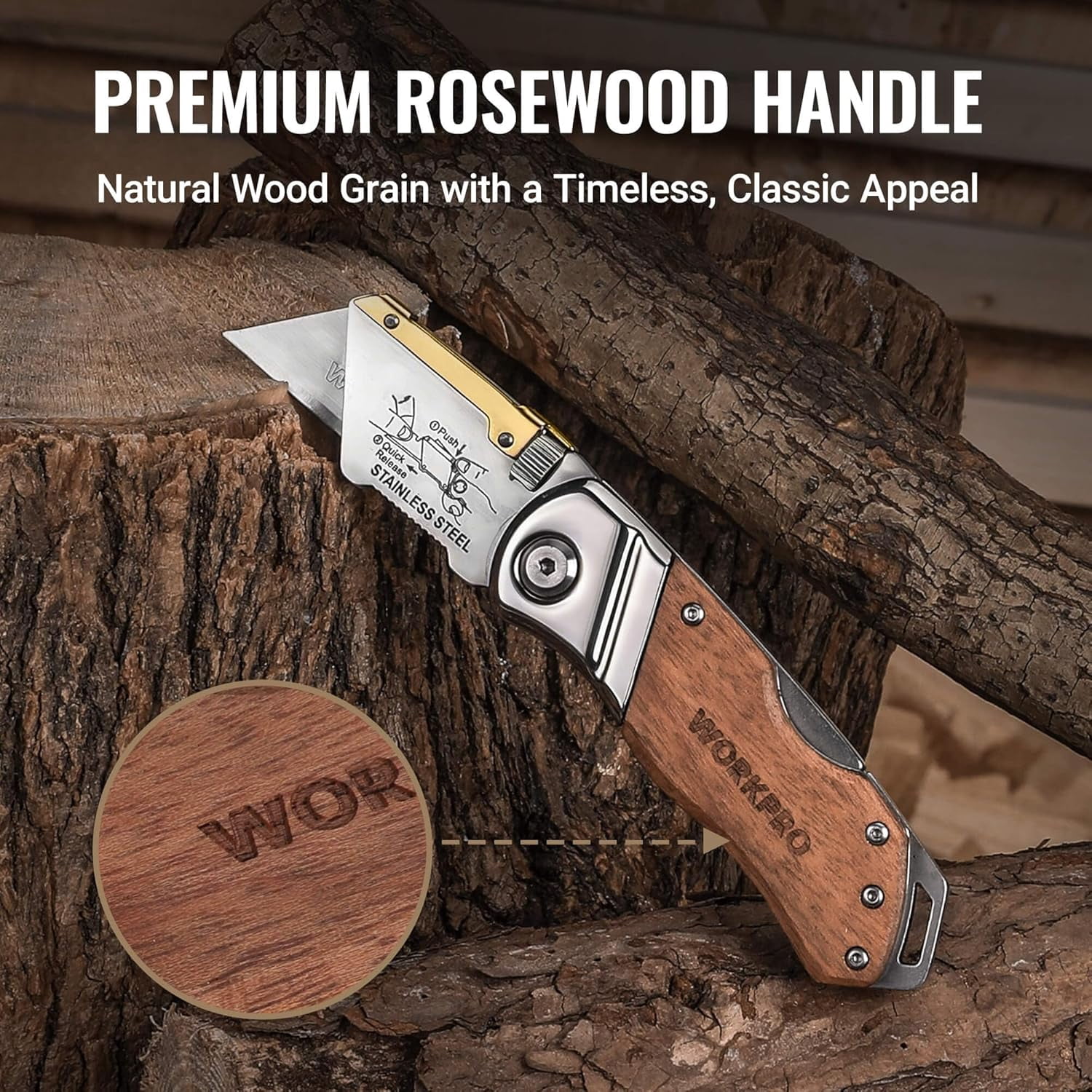 Folding Utility Knife with Belt Clip and Extra 10-piece Blades, Wood Handle Heavy Duty Cutter, Quick-change & Back Lock
