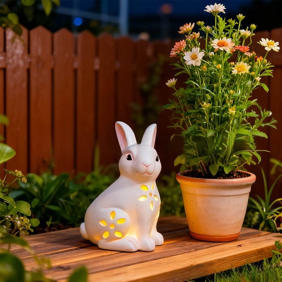Easter Solar Bunny Figurine Hollow Out Light Up Rabbit Resin Garden Statue Outdoor Pathway Yard Patio Ornament Solar Powered Night Glow Holiday Decor