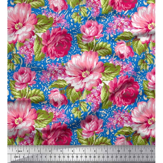Soimoi Japan Crepe Satin Fabric Leaves & Peony Floral Printed Craft Fabric by The Yard 42 Inch Wide
