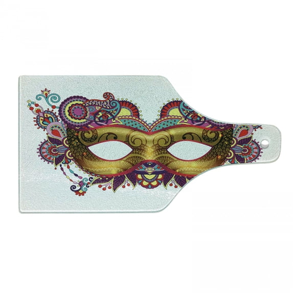 Mardi Gras Cutting Board, Ornate Floral Details on Yellow Eye Traditional Holiday Carnival Festival, Decorative Tempered Glass Cutting and Serving Board, Wine Bottle Shape, Multicolor, by Ambesonne