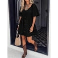 thumbnail image 4 of Black V-Neck Lace Insert Boho Short Dress With Flutter Sleeves And Button, 4 of 30