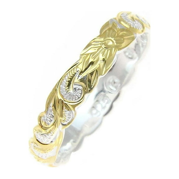 Sterling Silver 925 4mm 2tone yellow gold plated Hawaiian scroll hand engraved cut out ring band size 3