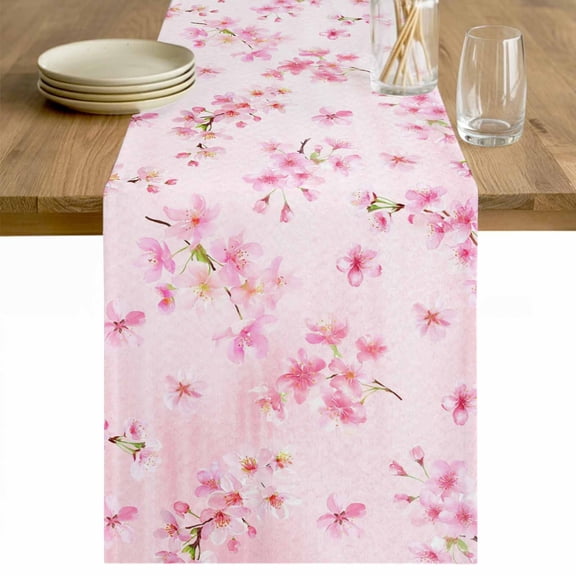 Pink Cherry Table Runner - 70 Inch Long Spring Botanical Blossoms Flowers Floral Cotton and Linen Blended Dress Scarves Farmhouse Table Runner for Kitchen Dining, Coffee Table, 13" x 70"
