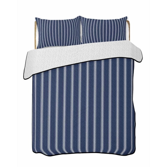 Quilts King Size Bedding Set, Navy Blue Striped Lightweight Quilted Comforter, Navy Blue White Farmhouse Stripes Soft Reversible Bedspread Coverlet with Pillow Covers for All Season, 96" x 106"