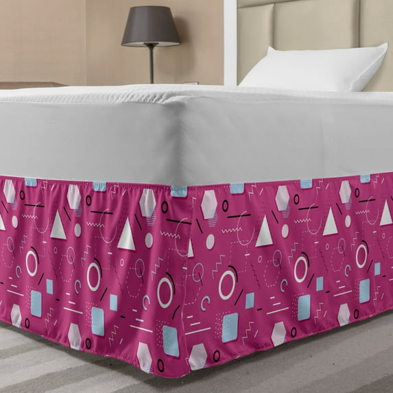 Geometric Bed Skirt, Vintage Memphis Style Triangles Hexagons and Squares Eighties Design, Elastic Bedskirt Dust Ruffle Wrap Around for Bedding Decor, 4 Sizes, Pink Pale Blue Black, by Ambesonne