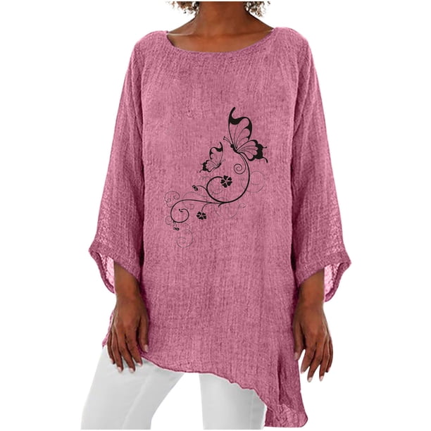 Camisa de lino y algodón con cuello redondo y manga 3/4 para mujer, tops con estampado personalizado, blusa holgada con dobladillo irregular Pompotops FGAJ11705