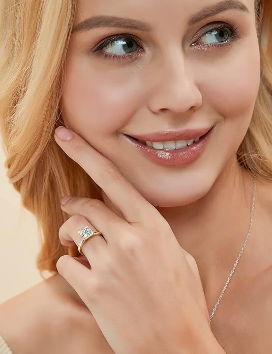 Yomhary 2CT 925 Sterling Silver Engagement Rings for Women ,Princess Cut Cubic Zirconia ,Gold,Size 8