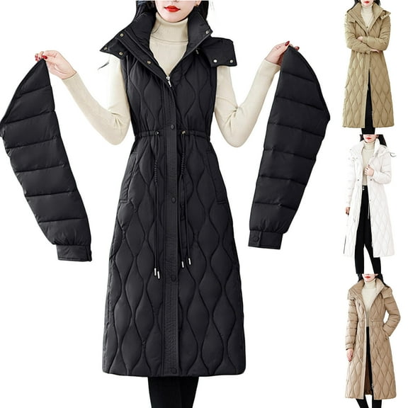 Lovzfmll Winter Clothing for Women, Convertible Long Puffer Jacket Detachable Sleeve Slim Fit Quilted Jackets Winter Coats Outerwear Coats