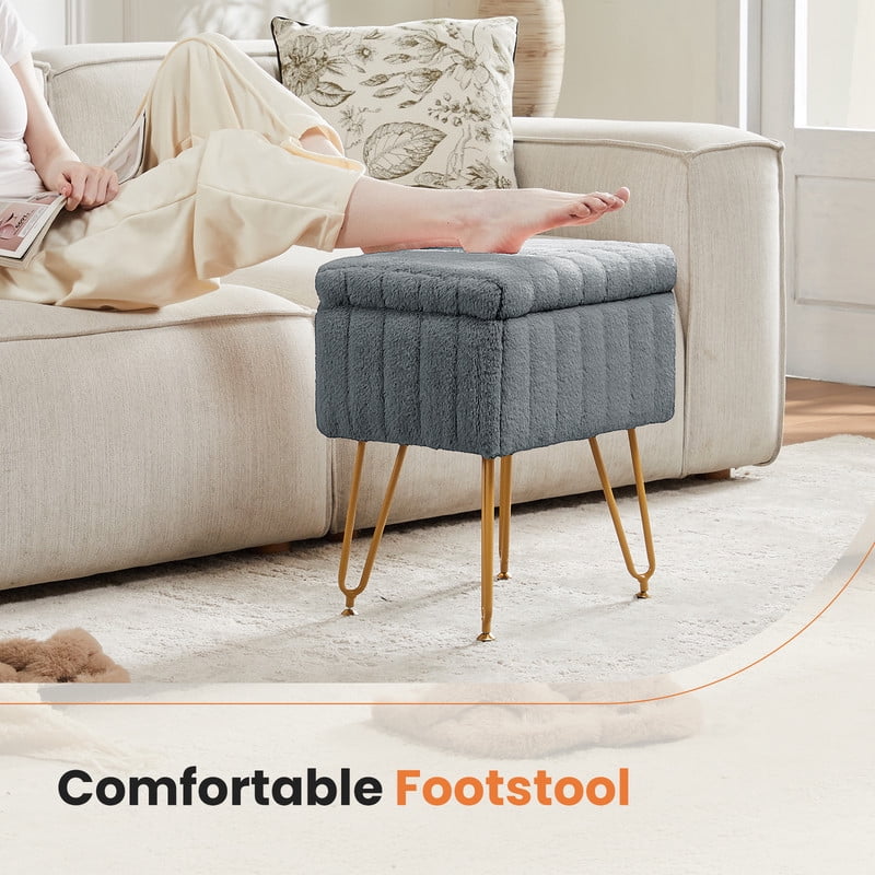 Gianna Square Ottoman with Storage, Makeup Cute Soft Small Footstool, Modern Style Faux Fur Seat with 4 Metal Legs & Adjustable Feet for Dressing, Living Room Bedroom Dorm, Gray